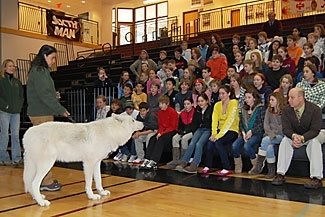 Atka visits a sixth-grade class at St. Luke's School in New Canaan, Conn.