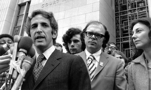 Daniel Ellsberg with co-defendant Tony Russo after charges were dismissed in the Pentagon Papers case in 1973. Daniel's wife Patricia is at the right.