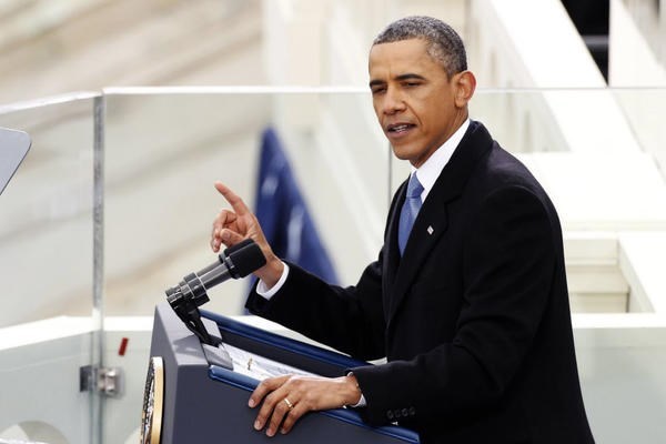 U.S. President Barack Obama speaks during swearing-in ceremonies on the West front of the U.S Capitol in Washington, January 21.  <P>Kevin Lamarque/Reuters
