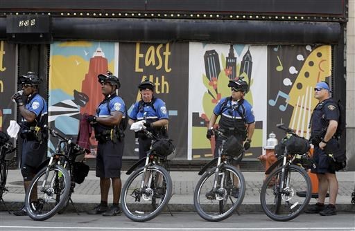 Law enforcement with bikes, wait in downtown Cleveland, Tuesday, July 19, 2016, during the second day of the Republican convention. (AP Photo/Patrick Semansky)