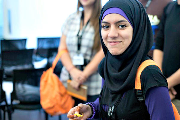 A young woman participates in a Global Citizen Corps international youth gathering in Doha, Qatar.  <P>Nigel Downs/Mercy Corps