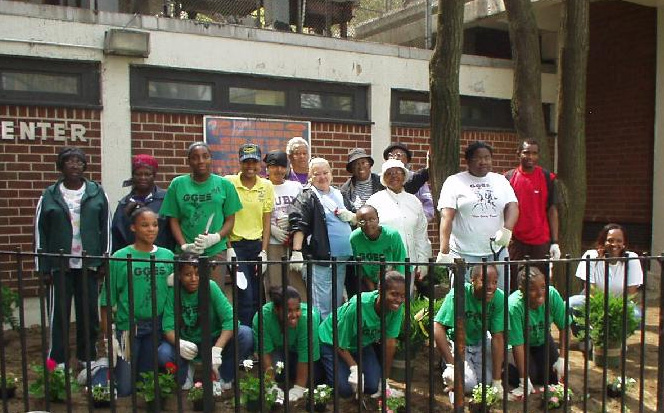 GGE girls volunteer to plant a garden at a senior center<br>Photo courtesy of <a href=http://www.ggenyc.org>Girls for Gender Equity, Inc.</a>