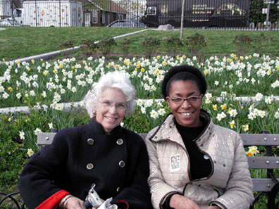 Photo and caption from New Yorkers for Parks:"Lynden B.Miller, NY4P Co-Chair and founder of the Daffodil Project joins Alesa Blanchard Nelson, Daffodil Project Coordinator, for a respite on a bench in Queens' Lefferts Park."