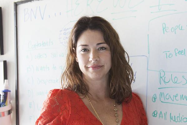 Diane Luby Land, founder and executive director of the organization Get Lit - Words Ignite, stands in a classroom at the nonprofit's office in Hollywood, Calif.  <P>Stephanie Diani/Special to the Christian Science Monitor