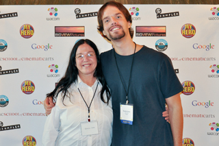 USC student Daniel Gross (left) with guest, winner of the College category for his film <i>Joel's Hero</i>