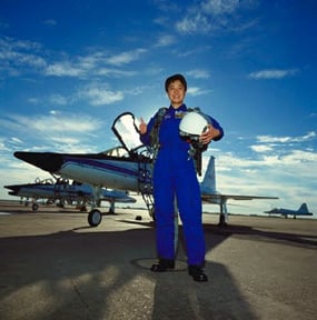 Chiaki with a T-38.  NASDA photo from Spaceboy.Nasda  Photo library