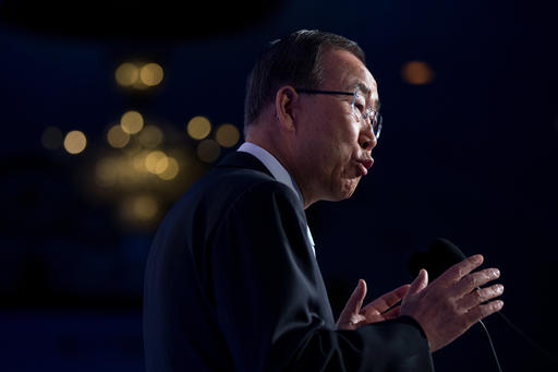 United Nations Secretary General Ban Ki-moon speaks at the Climate Action 2016 Summit at the Mayflower Hotel in Washington, Thursday, May 5, 2016. (AP Photo/Andrew Harnik)