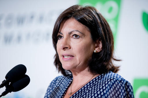Paris Mayor Annie Hidalgo speaks at a news conference with the C40 and the Compact of Mayors during the Climate Action 2016 Summit at the Mayflower Hotel in Washington, Thursday, May 5, 2016. (AP Photo/Andrew Harnik)