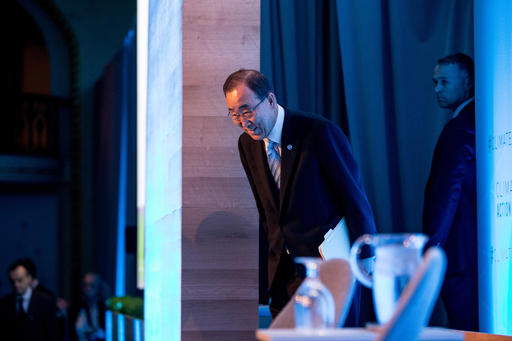 United Nations Secretary General Ban Ki-moon arrives to speak at the Climate Action 2016 Summit at the Mayflower Hotel in Washington, Thursday, May 5, 2016. (AP Photo/Andrew Harnik)