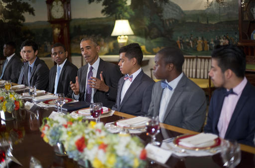 President Barack Obama speaks during lunch with young men in the Diplomatic Room of the White House in Washington, Thursday, June 9, 2016. The group participated in the White House Mentorship and Leadership Program. (AP Photo/Pablo Martinez Monsivais)
