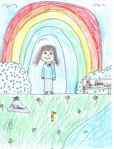 Ms.Easaw standing under a rainbow<br>(I drew it.)
