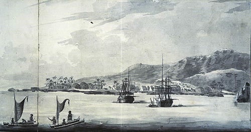 Drawing of explorers on Kealakekua Bay, 1779 (The National Archives Learning Curve (UK) <www.learningcurve.gov.uk>)