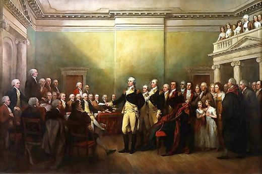 George Washington, resigning his commission as Commander-in-Chief of the Army