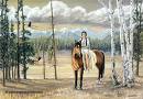 Sacajawea riding a horse in the woods. 