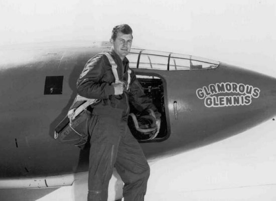 Yeager and his mach 1 plane (http://www.aerospaceweb.org/question/history/supersonic-pilots/chuck-yeager.jpg)