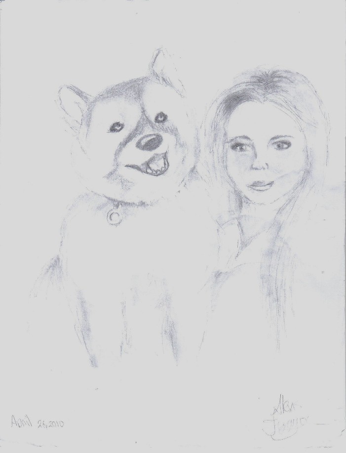 Rescued dog with new owner (Drawn by Alexis)