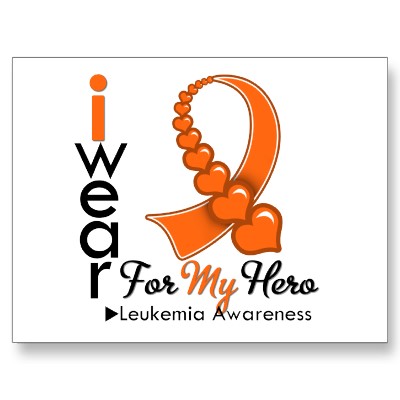 My hero is a victim of leukemia (http://rlv.zcache.com/i_wear_leukemia_ribbon_for_my_hero_postcard-p239334552337220990qibm_400.jpg)