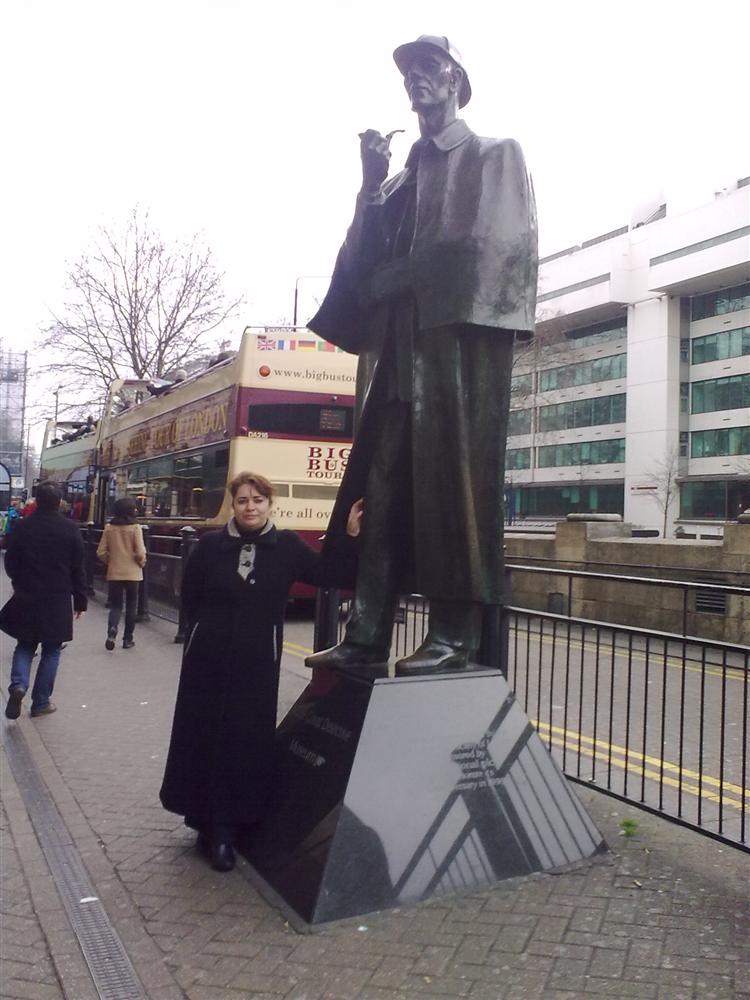 My teacher and a statue of Sherlock Homes.