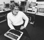 works in a computer lab at Microsoft headquarters (Gale Biography in Context (DOUG WILSON/CORBIS))