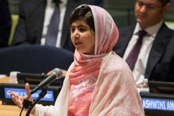 Malala giving a speech in the UN (www.abc.net.au (Andrew Burton))