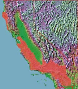 All areas in this map of California that are marked in RED  <br>were mapped by Thomas Dibblee.